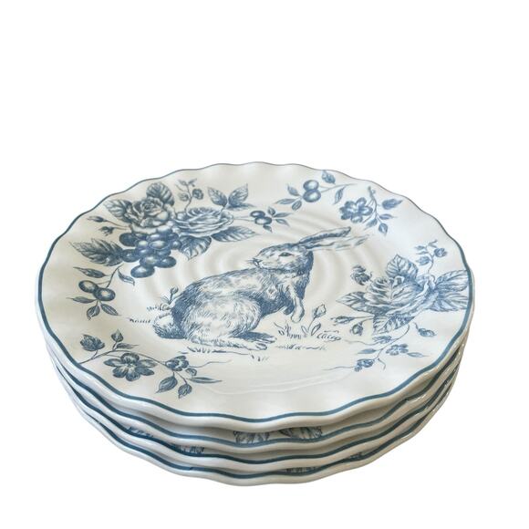 NEW Maxcera Blue Toile Bunny Rabbit Salad Plates 9.5" Scalloped Easter Set of 4 - Picture 3 of 6